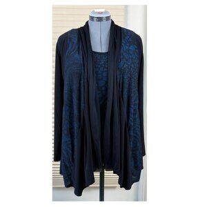 Clientele 2Pc Cardigan Tank Top Set Sz M Women Blue Black Lace Look Layer Office
